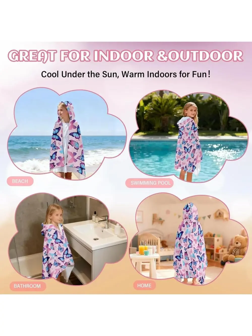 NWT Butterfy Soft Wearable Hooded Poncho Towel for Toddlers, 30